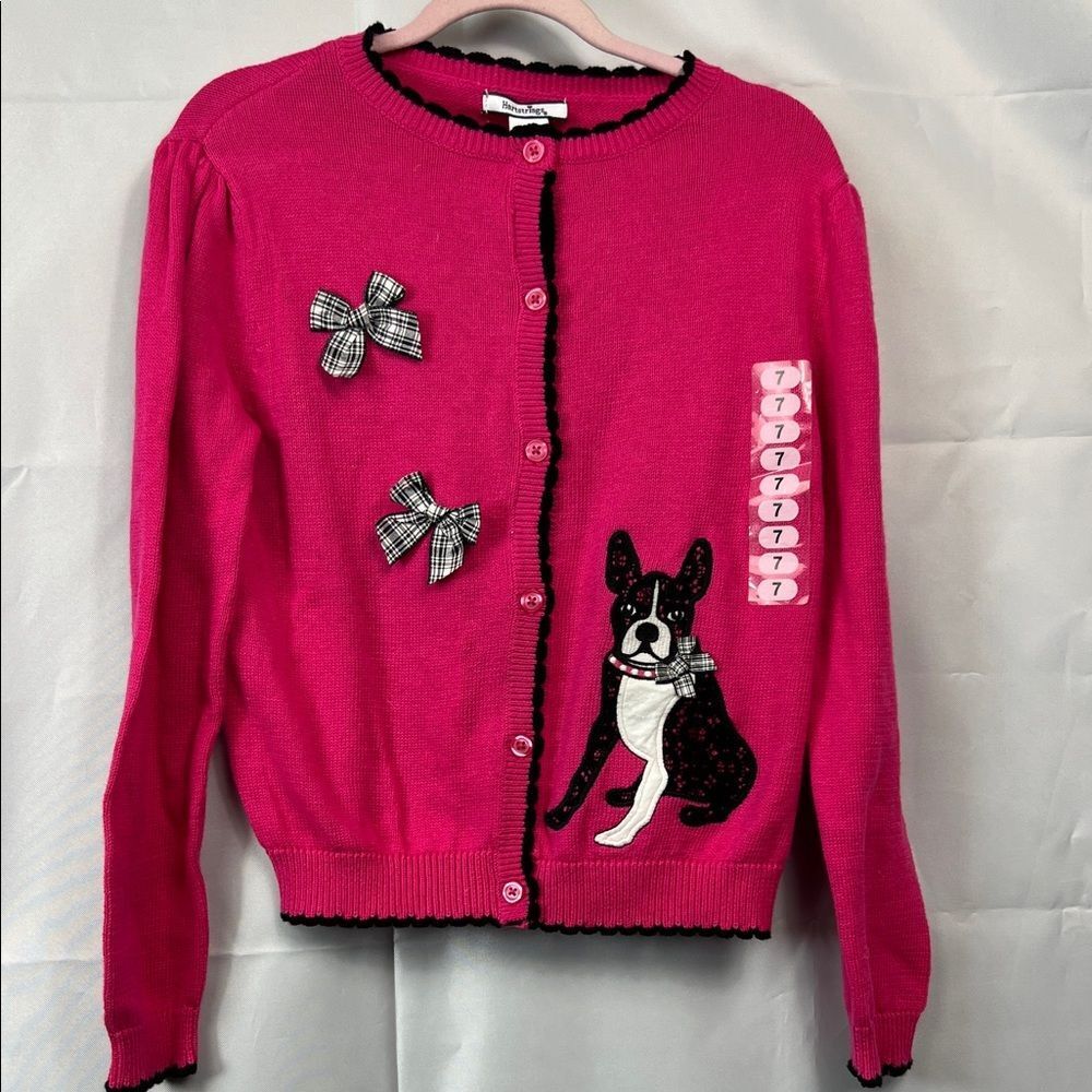 Hartstrings Bright pink cotton cardigan sweater with French bulldog appliqué NWT - Picture 2 of 12